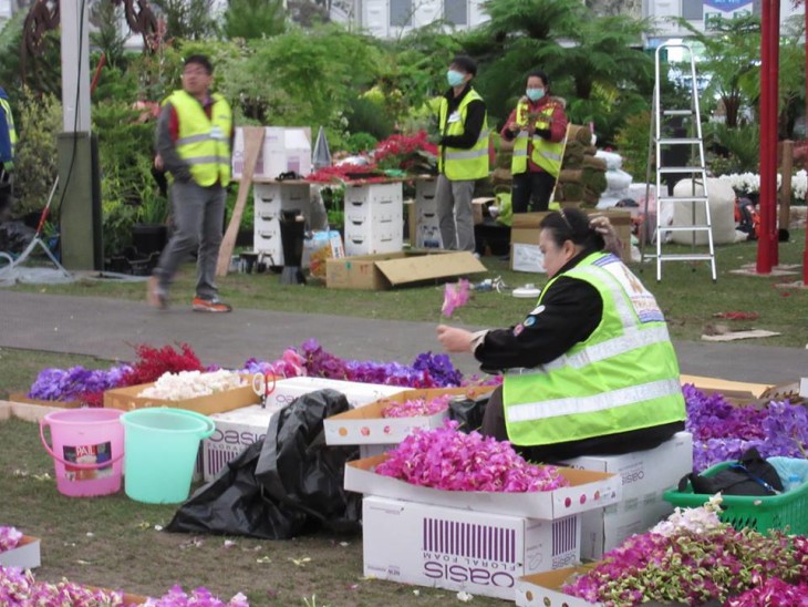 Flowers being prepared for the Thai stand in the Grand Pavilion.