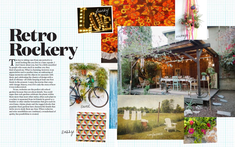 A magazine spread showcasing the cultivating garden style, featuring beautiful pictures of a garden and a bicycle.