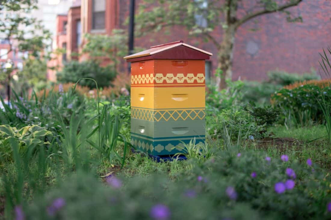 A colorful beehive painted in bright patterns and colors, showcasing bee hive art, is situated in a lush, green garden. Surrounding the hive are various plants, flowers, and greenery. In the background, a brick building and more vegetation are visible. The scene is vibrant and serene.