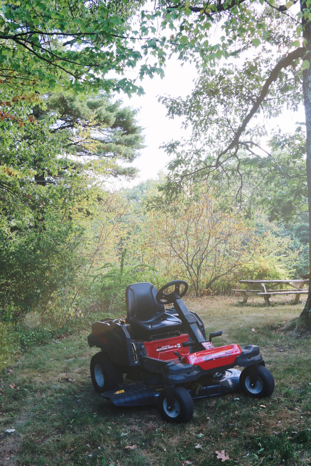 A Zero Turn Riding Mower parked in a wooded area.
