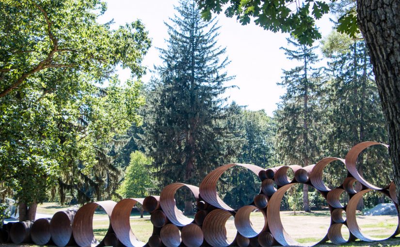 A large outdoor metal sculpture composed of multiple interconnected curved and circular shapes is set on a grass lawn surrounded by leafy trees and coniferous evergreens on a sunny day at the DeCordova Museum. The artwork shows a dynamic play of light and shadow across its surfaces.