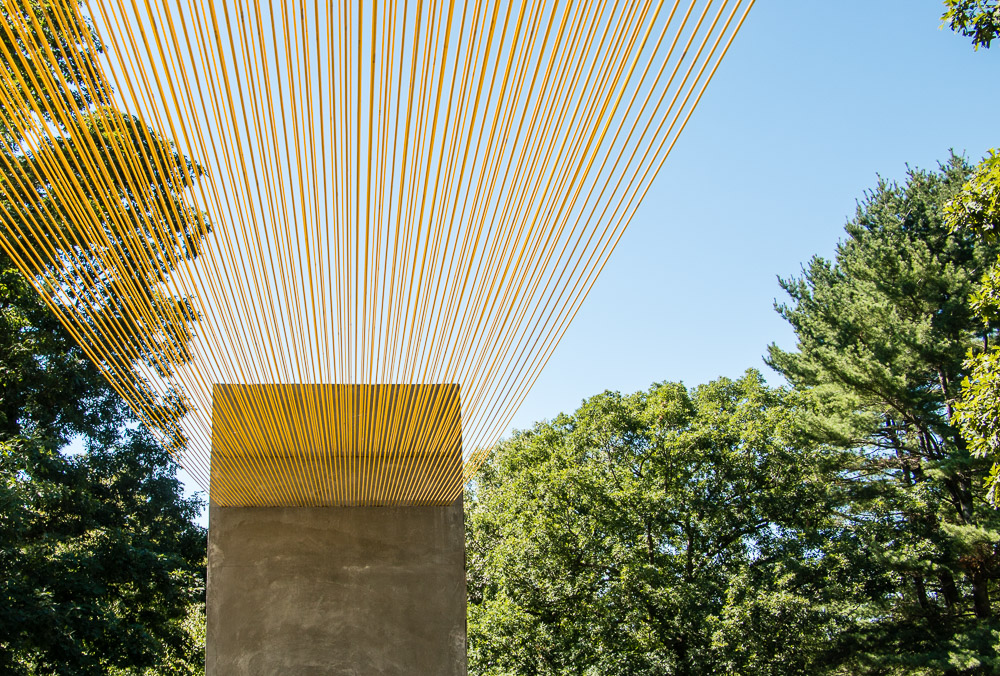 An outdoor art installation at the deCordova Museum features numerous parallel yellow strings extending from a rectangular concrete structure and fanning out toward a backdrop of lush green trees under a clear blue sky.