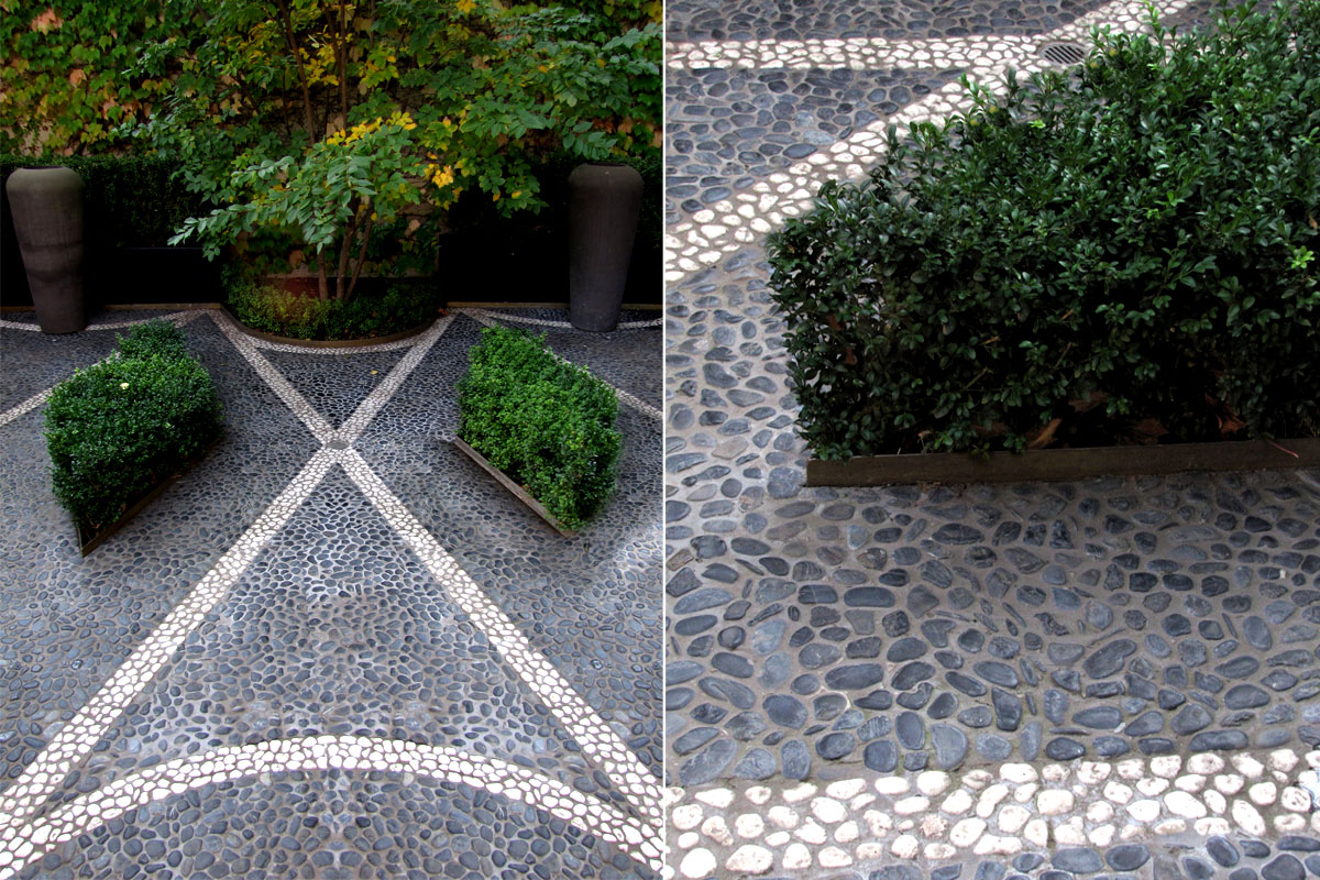 Two pictures showcasing garden designs ideas with a stone walkway.