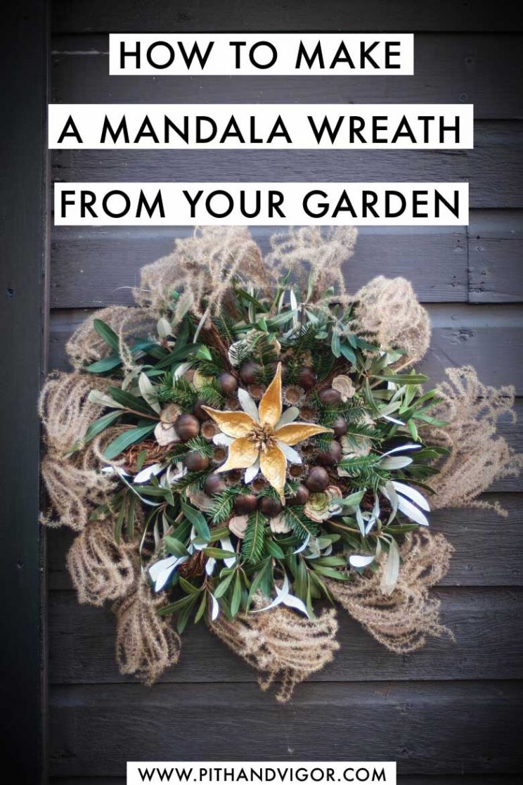 Hos to make a mandala wreath from your garden - Mandala Grasses

Chestnuts, milkweed pods (with their insides painted gold), miscanthus seed heads, eucalyptus, and mushrooms.