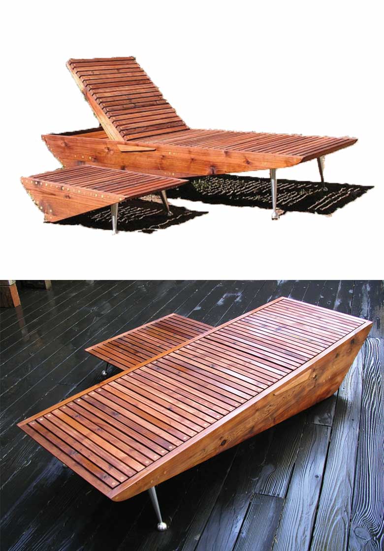 A retro inspired redwood garden lounger and side table 