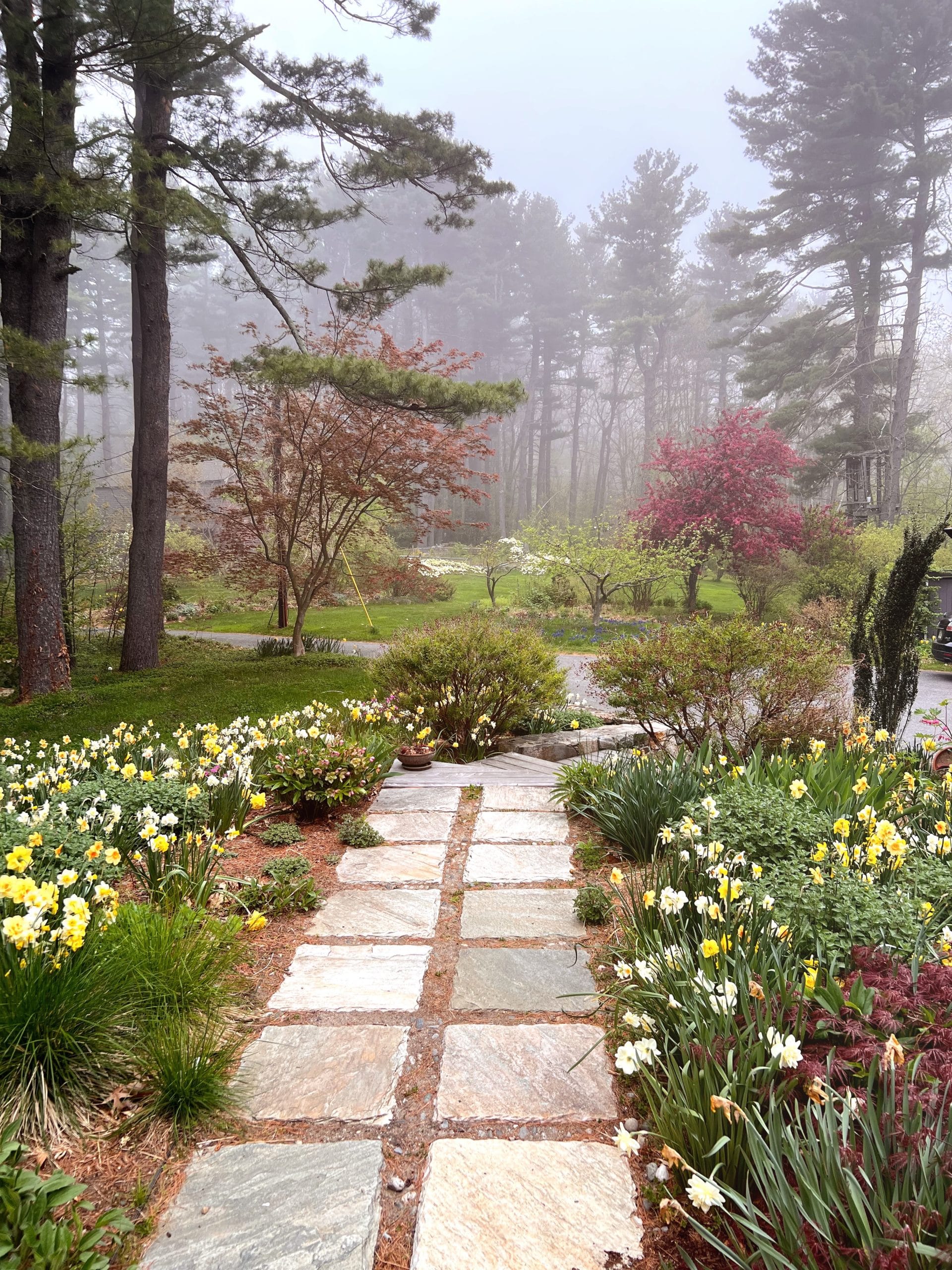 A stone path leading through a meticulously designed garden featuring stunning flower bed designs.