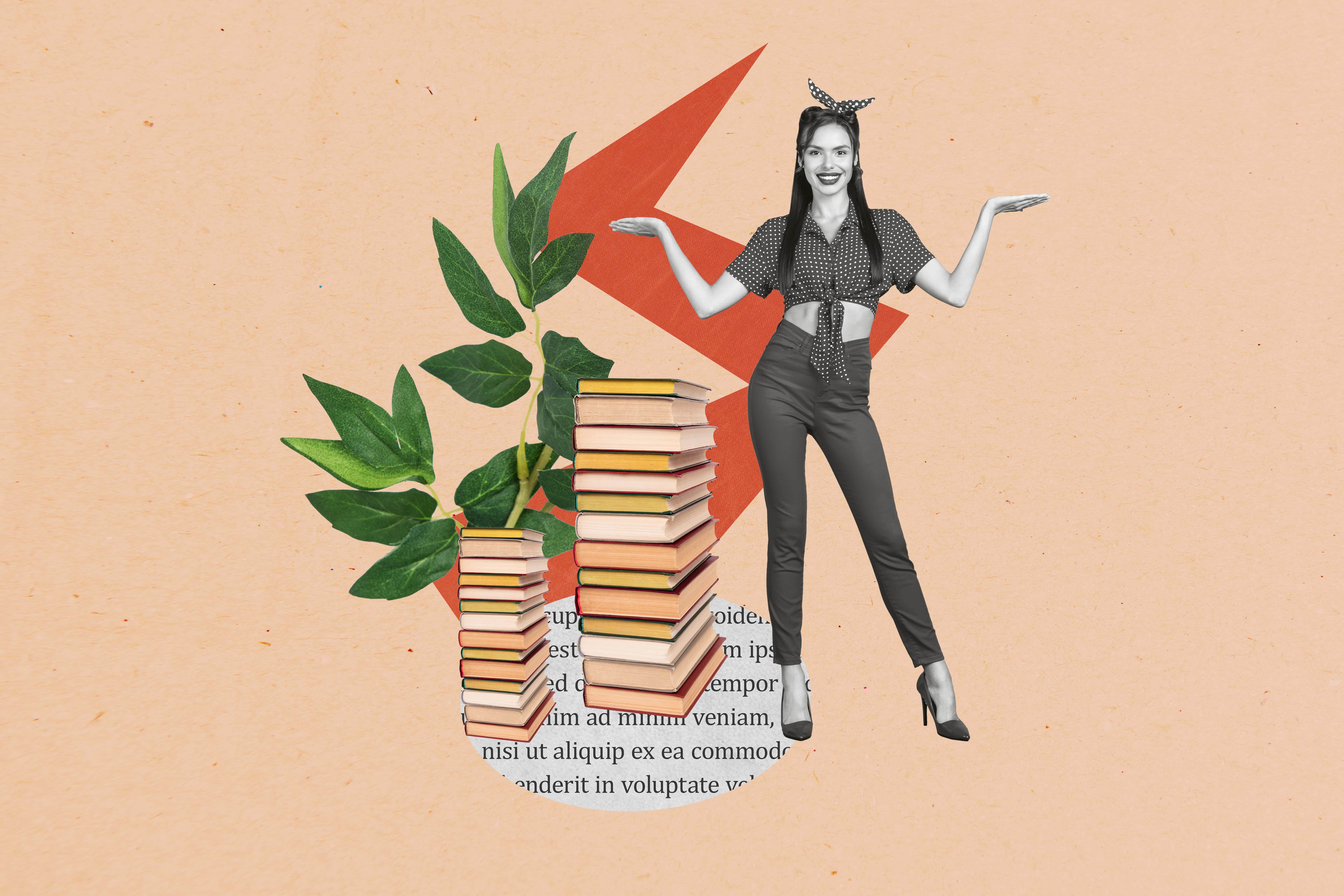 An illustration of a woman standing next to a stack of garden books.