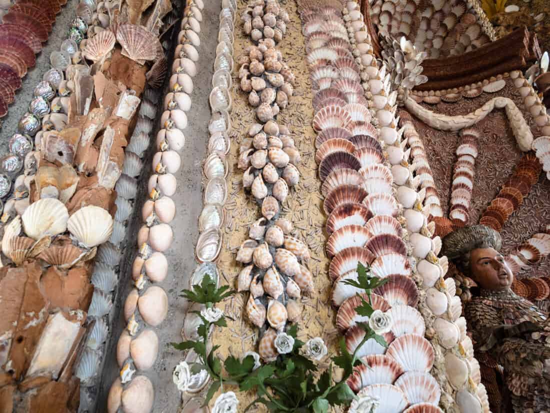 A wall of sea shells on a wall.
