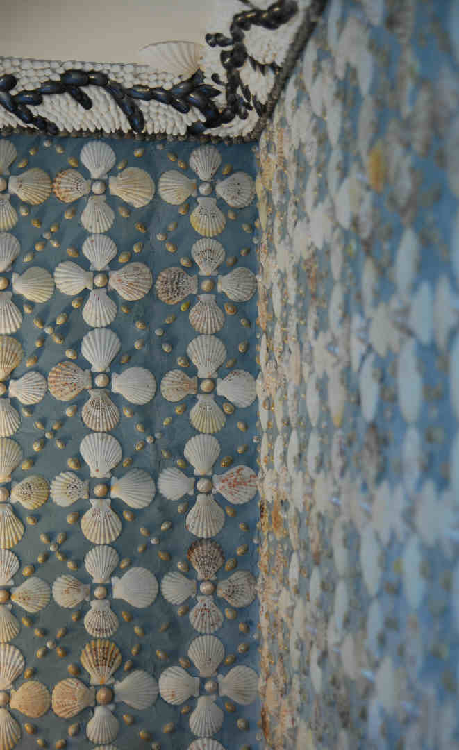 A blue wall with sea shells on it.