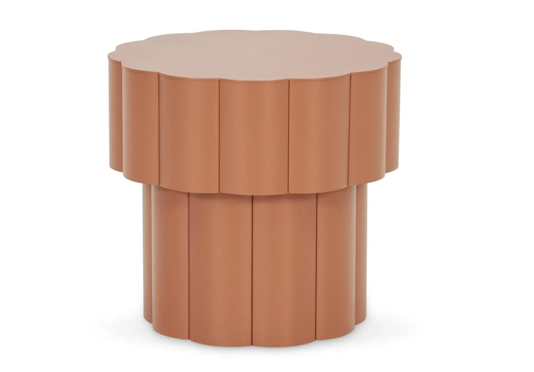 A brown side table with a circular shape.