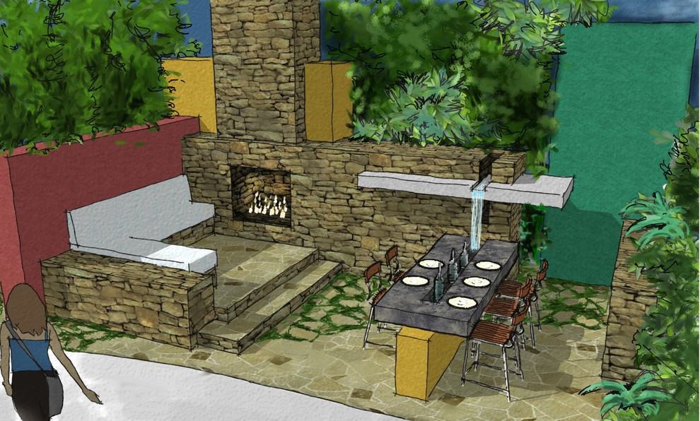 A rendering of an outdoor dining area with a fireplace.