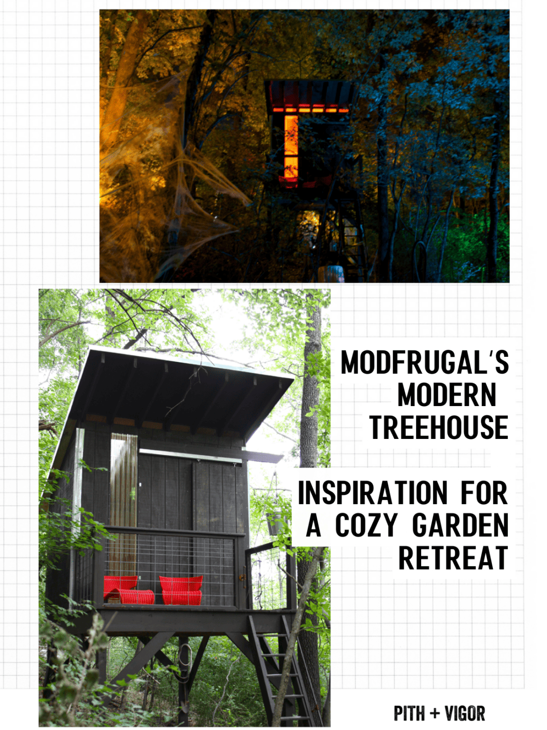 Modern rustic's modern treehouse inspiration for a cozy garden retreat.