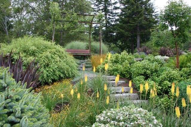 Lush garden with a variety of plants and a stepping stone path leading to a wooden arbor.