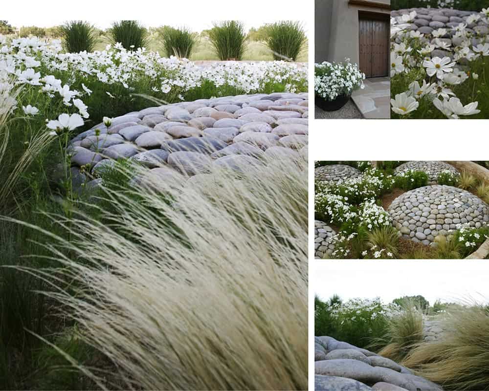 A collage showing various elements of a landscaped garden, featuring white flowers, ornamental grasses, and pebble pathways.