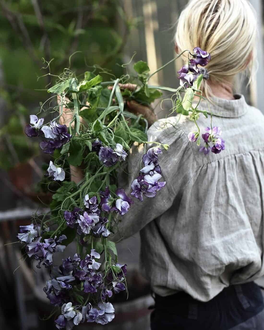 A woman carrying a hanging basket of purple flowers.
