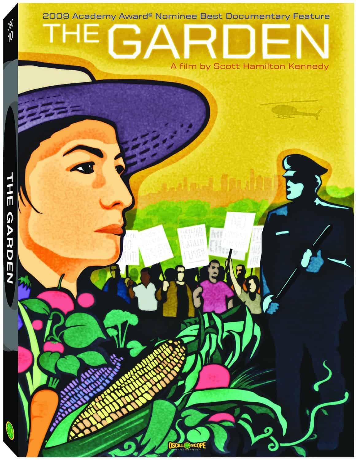 DVD cover of "The Garden Movie" documentary, depicting a woman in a wide-brimmed hat and a shadowy figure standing in a colorful, illustrated garden with people protesting in the background.