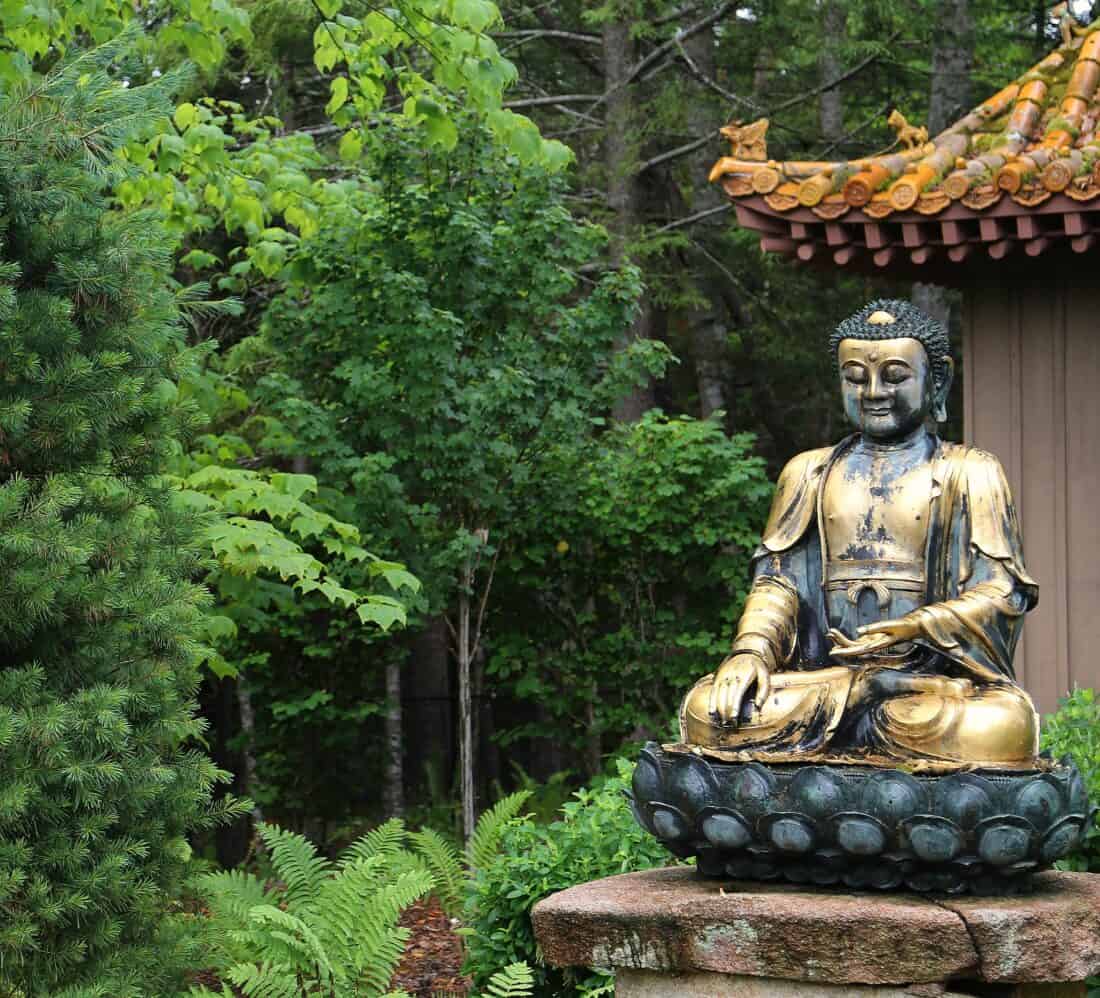Gilded buddha statue seated in meditation amidst lush greenery with a traditional east asian roof visible in the background.