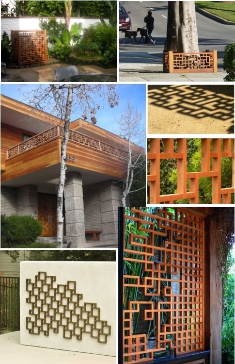 A collage showcasing various examples of decorative lattice patterns used in architecture and garden design.