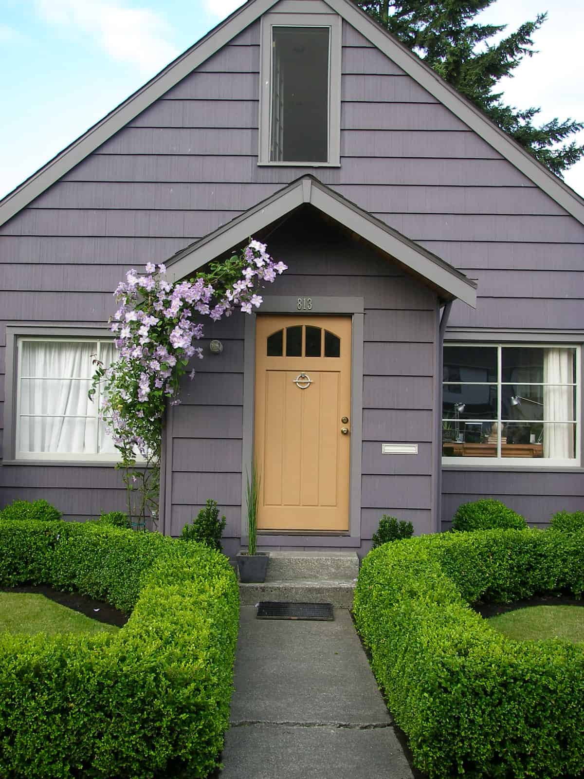A quaint purple house with a yellow front door, adorned with a flowering vine, stands proudly in the Seattle front garden. Symmetrical shrubbery lines the pathway leading to the entrance. A large central window and a smaller upper window are visible, framed by a manicured lawn on either side.