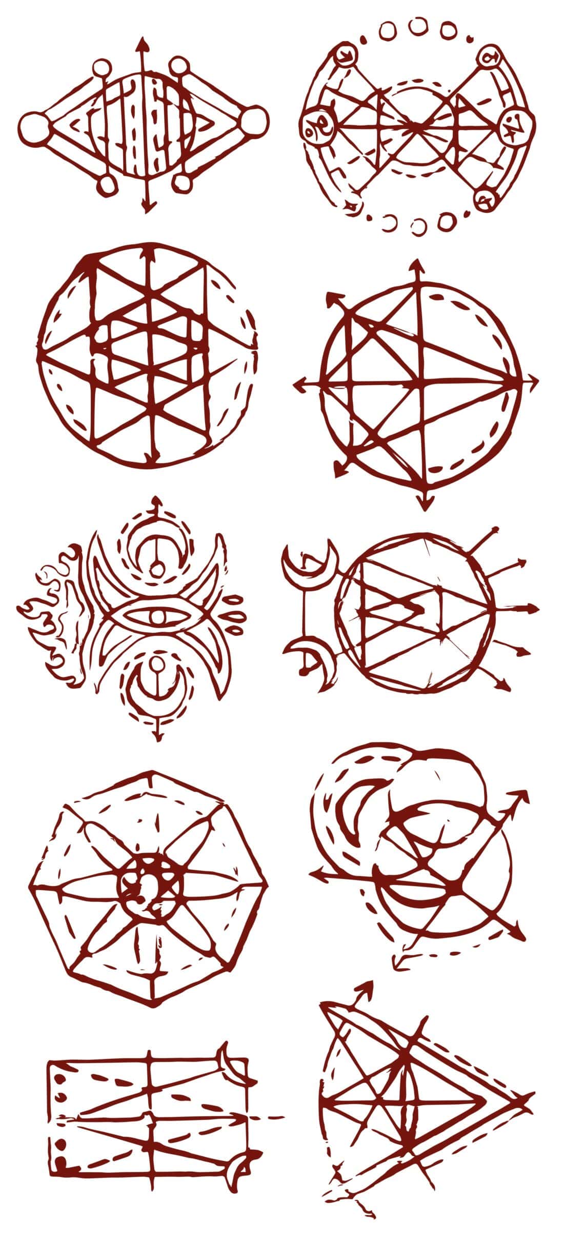 A collection of ten abstract, geometric symbols drawn in brown ink. They vary in design, featuring circles, triangles, arrows, and intersecting lines, with some incorporating additional elements like dots, flames, or crescent shapes. Each symbol is distinct and complex—perfect for decorating your backyard yoga space.