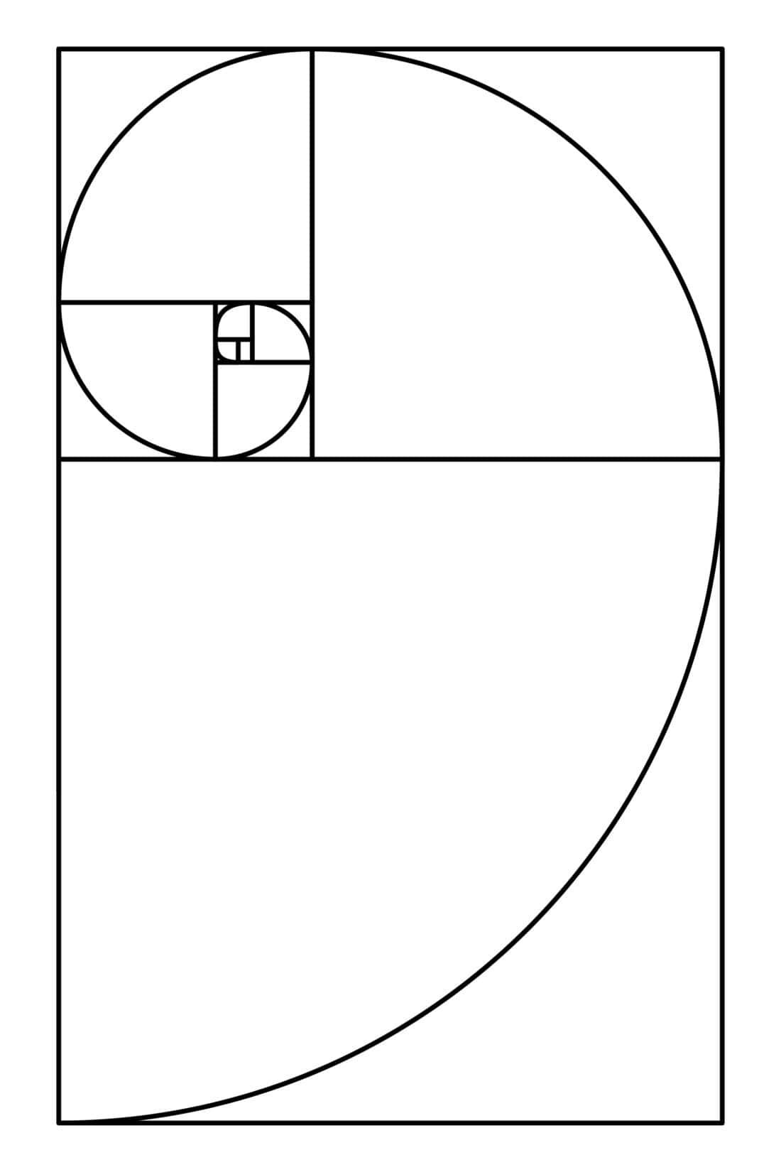A black-and-white illustration of a golden spiral overlaying a series of progressively smaller rectangles and quarter circles, demonstrating the Fibonacci sequence. The spiral, reminiscent of the calm found in a backyard yoga space, starts from the center and expands outward, maintaining precise proportions.