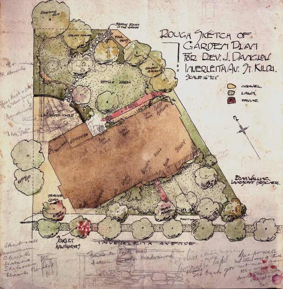 A hand-drawn garden plan with annotations and labels, designed by an acclaimed Australian Landscape Designer. The plan shows a house surrounded by various trees and plants, paths, and features like a pond and lawn area. It includes detailed notes on plant placement, echoing the timeless Garden Design Advice of Edna Walling.