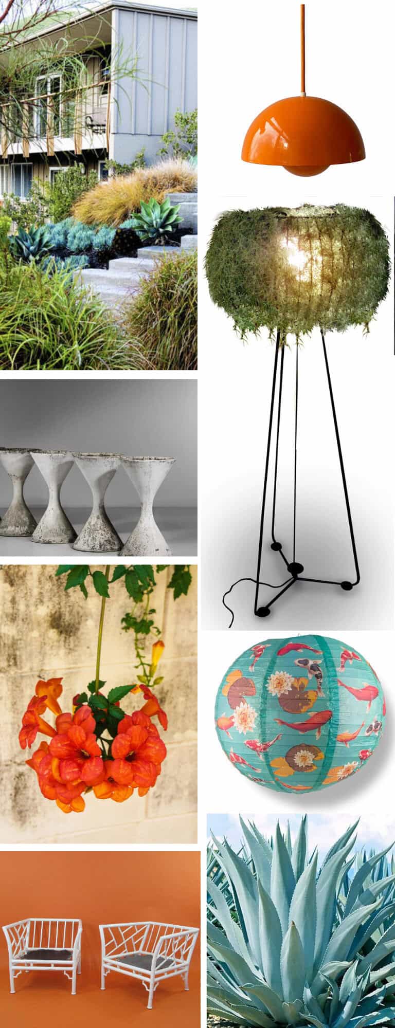 A collage featuring various design and nature elements: a modern building with greenery, an orange pendant lamp, a moss-covered floor lamp, stone stools, orange flowers, a colorful floral-patterned sphere reminiscent of a Christian Dior garden, white garden chairs, and a close-up of a spiky plant.