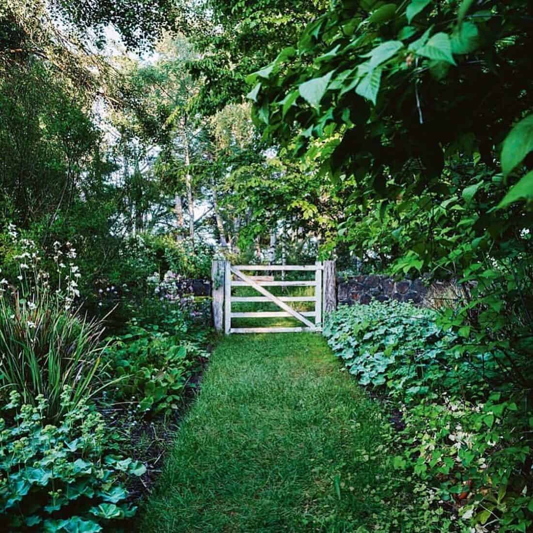 A lush green garden with a narrow grass path leading to a wooden gate, reminiscent of Edna Walling's garden design. Dense foliage and a variety of plants line both sides of the pathway. Tall trees and a stone wall are visible in the background, creating a peaceful and serene scene.