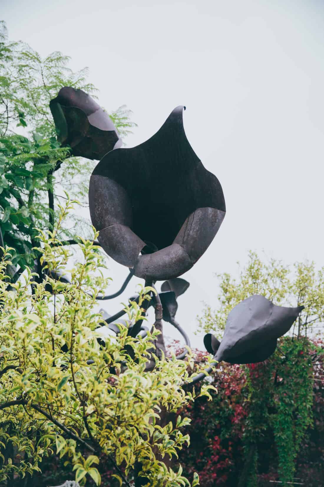 A metal sculpture resembling multiple abstract plant blooms stands amidst lush, green foliage and smaller yellow-leaved plants. Created by Clive Rundels, the sculpture features dark, curved petals and stems, evoking an artistic contrast reminiscent of a neglected Victorian garden.