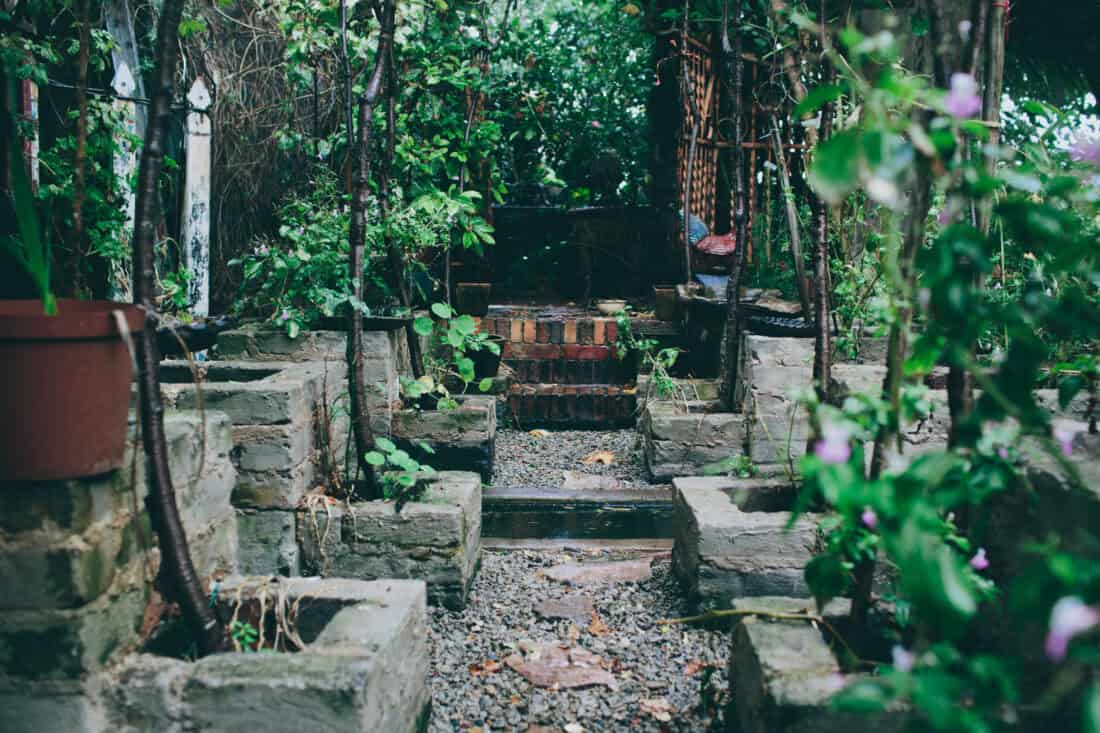 A quaint garden pathway made of stone bricks leads up to a small brick staircase in what was once a grand Victorian garden. The path is bordered by raised stone planters filled with lush greenery and flowers. Despite signs of neglect, the dense foliage creates a serene and secluded atmosphere.