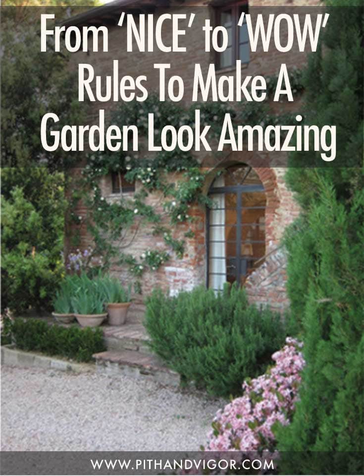 A charming garden scene in front of a brick house with an arched window and wooden shutters. The garden features lush greenery, tall and small bushes, potted plants, and well-maintained shrubs and ground cover. Text reads "From 'NICE' to 'WOW': Garden Designs Ideas To Make A Garden Look Amazing.