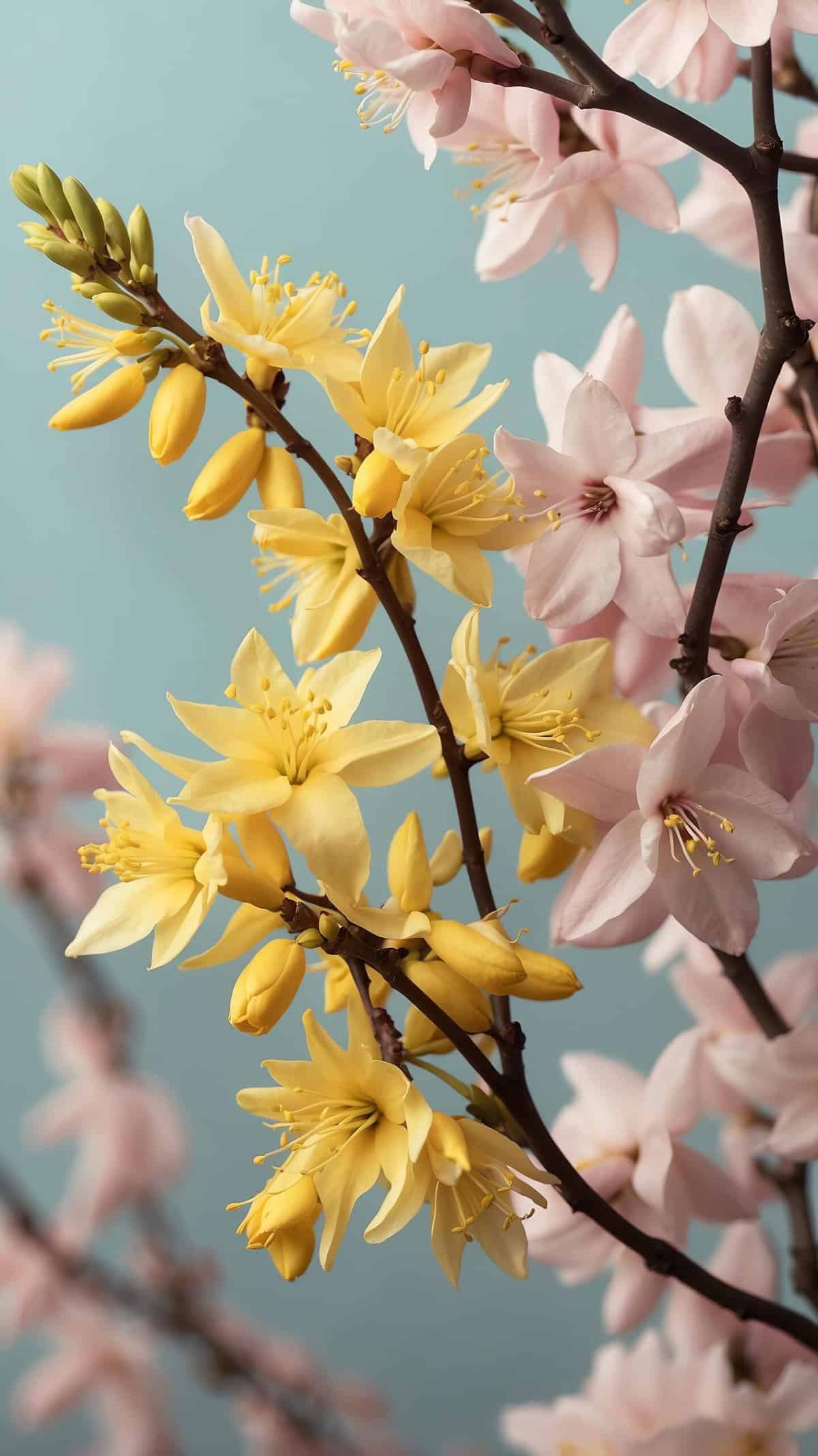 Close-up image of a striking arrangement of yellow and pink forsythia blossoms on thin branches against a light teal background. The yellow blooms are vibrant and fresh, while the pink flowers have a soft, delicate appearance.